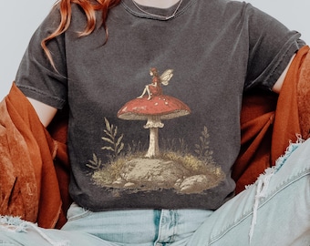 Cottagecore Fairy Shirt, Retro Fairy Comfort Colors Tshirt, Vintage Fantasy Long Sleeve Tee, Mushroom Lover Unique Gift, Boho Mushroom Top