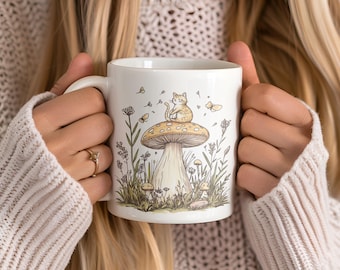 Cute Cat Mushroom Coffee Cup, Cat Lover Nature Ceramic Mug, Boho Botanical Mushroom Mugs, Whimsical Mushroom Mug Gift for Her