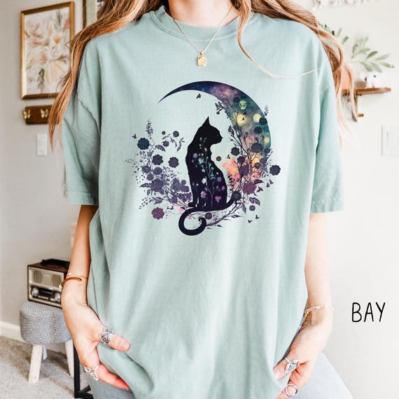 Celestial Cat Comfort Colors Tshirt | Floral Moon Cat Shirt, Gift for Cat Mama, Whimsical Animal Art Tee for Nature Lover, Gift for Her