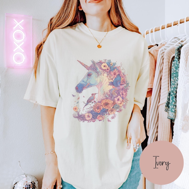 Cute Unicorn Shirt, Whimsical Shirt, Comfort Colors® Spring Unicorn tee, Gift for Fantasy Animal Lover image 1