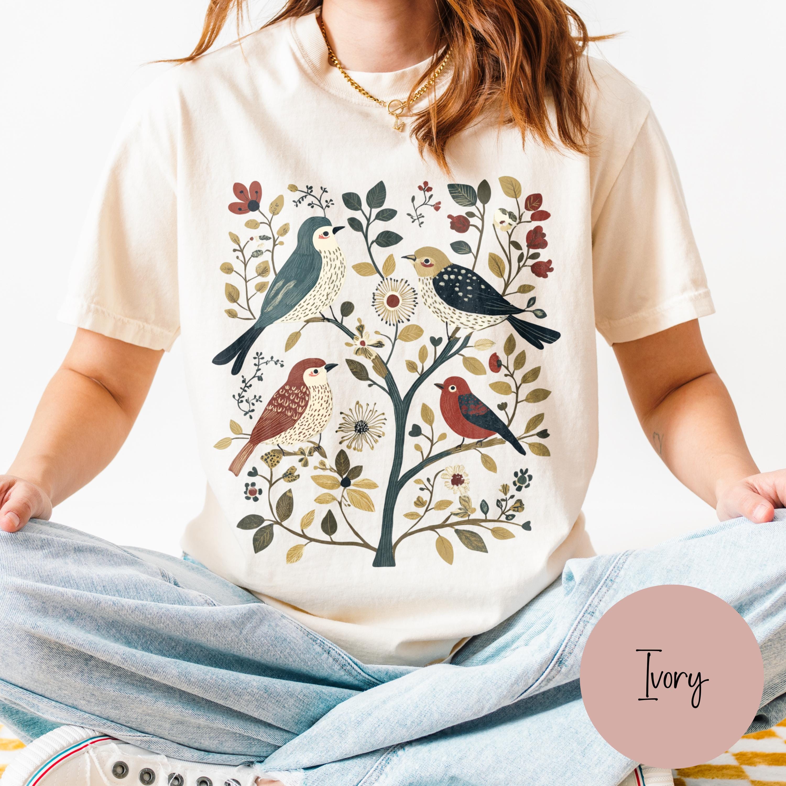 Cottagecore Birds and Flowers Comfort Colors Folk Art Shirt, Boho Botanical Tshirt for Nature Lovers, Oversized Womens Tops, Gift for Her