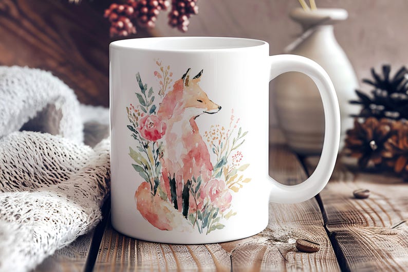 Tazza da caffè con volpe Cottagecore in acquerello, tazza in ceramica con simpatico animaletto volpe vintage, tazza regalo con estetica acquerello, tazza da tè con volpe Forestcore immagine 2