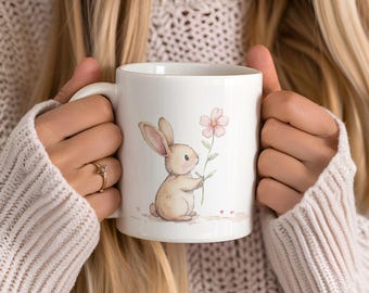Cottagecore Bunny and Flower mug, wildflower Bunny vintage cup, cute Rabbit coffee cup, Spring floral mug, Woodland Animals Lover Gift