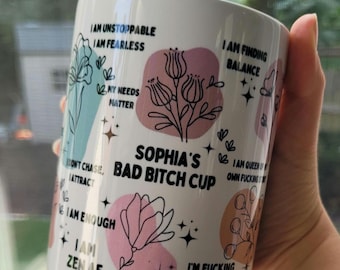 Tazza da caffè personalizzata per la salute mentale, tazza "Bad B*tch", tazza con affermazioni quotidiane, promemoria quotidiani, consapevolezza della salute mentale, regalo unico per lei