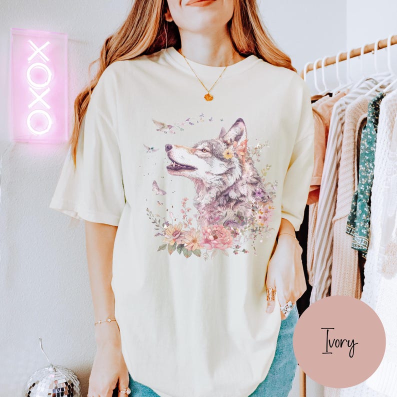 Vintage Wolf Shirt, Comfort Colors Boho Floral Wolf Graphic Tee, Retro Wolves Tshirt, Wilderness and Nature Lover Gift, Comfy Oversized image 1