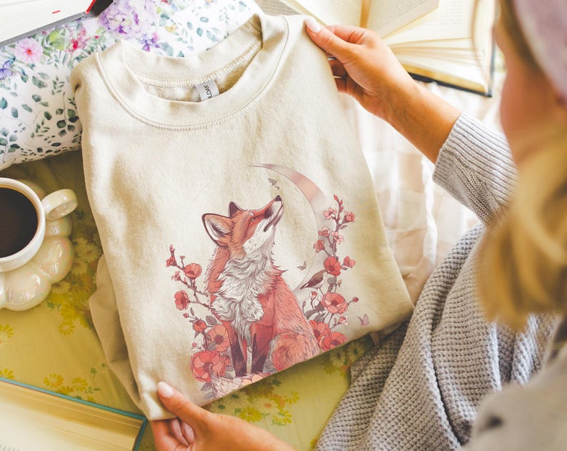 Forestcore Fox Sweatshirt, Cottagecore Floral Fox Comfy Wildlife Pullover, Nature Lover Crewneck, Cute Animal Tops for Spring, Gift for Her image 6