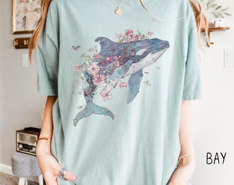 Orca Whale Beach Vibes Comfort Colors Relaxed Fit Summer Tshirt for Ocean Lovers, Boho Floral Whale Shirt, Marine Aquatic Animal Gift Shirt