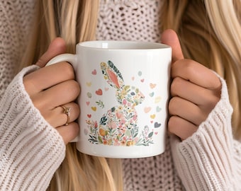 Cute Cottagecore Easter Bunny silhouette mug, abstract Bunny cup, cute Rabbit coffee cup, Spring floral mug, Woodland Animals Lover Gift