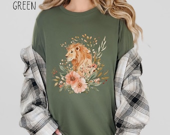 Watercolor Lion T-Shirt: Floral Big Cat Tee, Nature Lover Gift