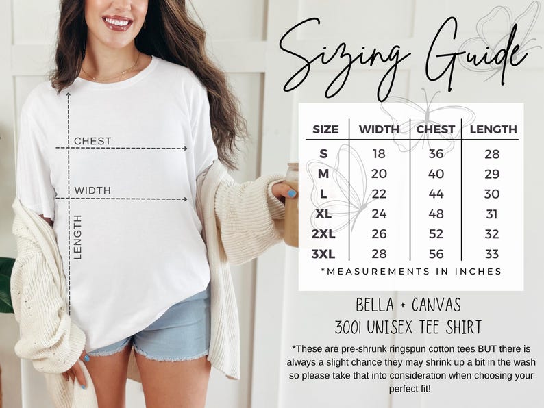 K&ouml;nnte beinhalten: Ein wei&szlig;es Bella + Canvas 3001 Unisex-T-Shirt mit einer Gr&ouml;&szlig;entabelle. Die Tabelle zeigt Brust-, Breiten- und L&auml;ngenma&szlig;e in Zoll f&uuml;r die Gr&ouml;&szlig;en S bis 3XL. Der Text erw&auml;hnt auch, dass die Shirts aus vorgeschrumpfter Ringspinnbaumwolle sind.
