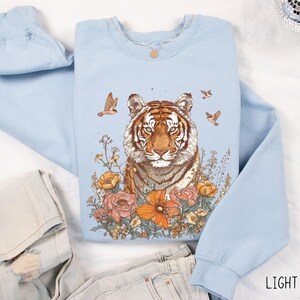 Boho Tiger Sweatshirt, Floral Bengal Tiger Pullover, Vintage Animal Top, Nature Lover Crewneck Sweater, Unique Feminine Zoo Animal Gift Top image 7