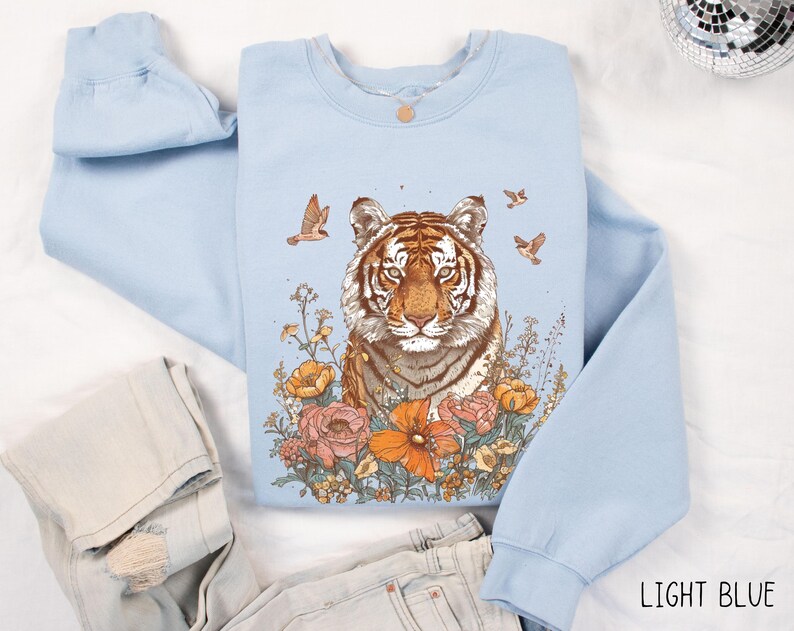 Boho Tiger Sweatshirt, Floral Bengal Tiger Pullover, Vintage Animal Top, Nature Lover Crewneck Sweater, Unique Feminine Zoo Animal Gift Top image 7