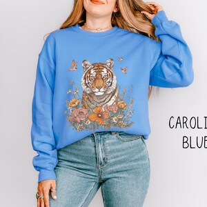 Boho Tiger Sweatshirt, Floral Bengal Tiger Pullover, Vintage Animal Top, Nature Lover Crewneck Sweater, Unique Feminine Zoo Animal Gift Top image 5