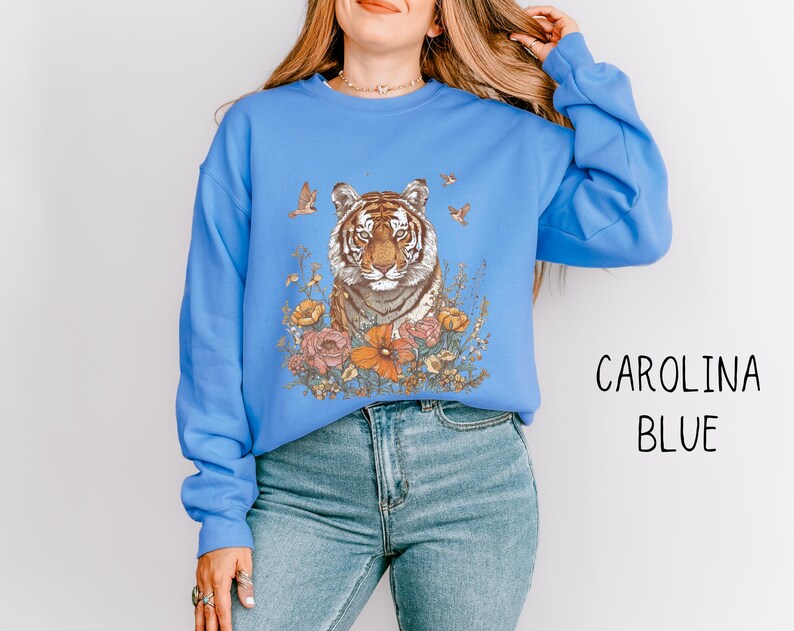 Boho Tiger Sweatshirt, Floral Bengal Tiger Pullover, Vintage Animal Top, Nature Lover Crewneck Sweater, Unique Feminine Zoo Animal Gift Top image 5