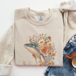 Vintage Whale Sweatshirt Boho Floral Whale Unisex Crewneck Pullover, Cozy Apparel for Aquatic Animal Lovers, Marine Biologist Gift