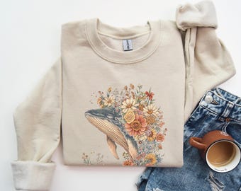 Vintage Whale Sweatshirt Boho Floral Whale Unisex Crewneck Pullover, Cozy Apparel for Aquatic Animal Lovers, Marine Biologist Gift