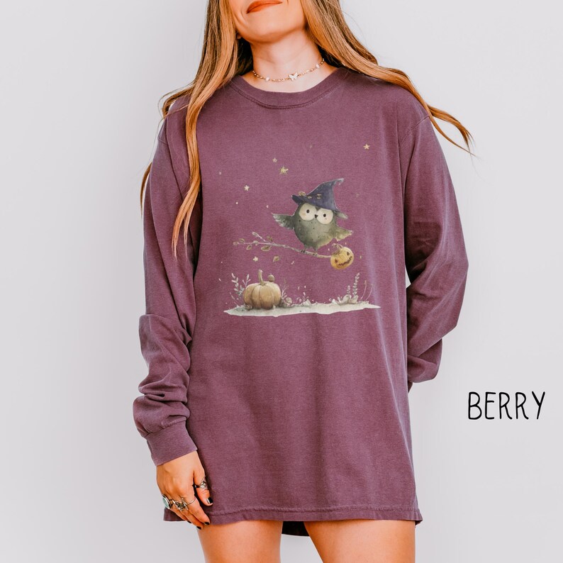 May include: Berry-colored long-sleeve shirt featuring a whimsical owl wearing a witch hat, perched on a branch with a pumpkin. The design includes a pumpkin and stars, creating a Halloween theme. The word "BERRY" is printed on the right side.