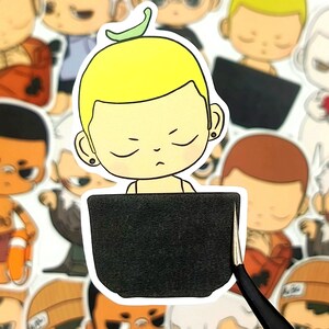 May include: A sticker featuring a cartoon character with yellow hair and a green leaf on top. The character is looking down at a black object. The sticker is surrounded by other similar cartoon stickers.