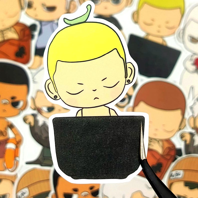 May include: A sticker featuring a cartoon character with yellow hair and a green leaf on top. The character is looking down at a black object. The sticker is surrounded by other similar cartoon stickers.