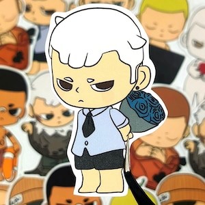 May include: A sticker featuring a cartoon character with white hair, wearing a light blue shirt, black tie, and shorts. The character is holding a bouquet of blue roses. Other similar stickers are in the background.