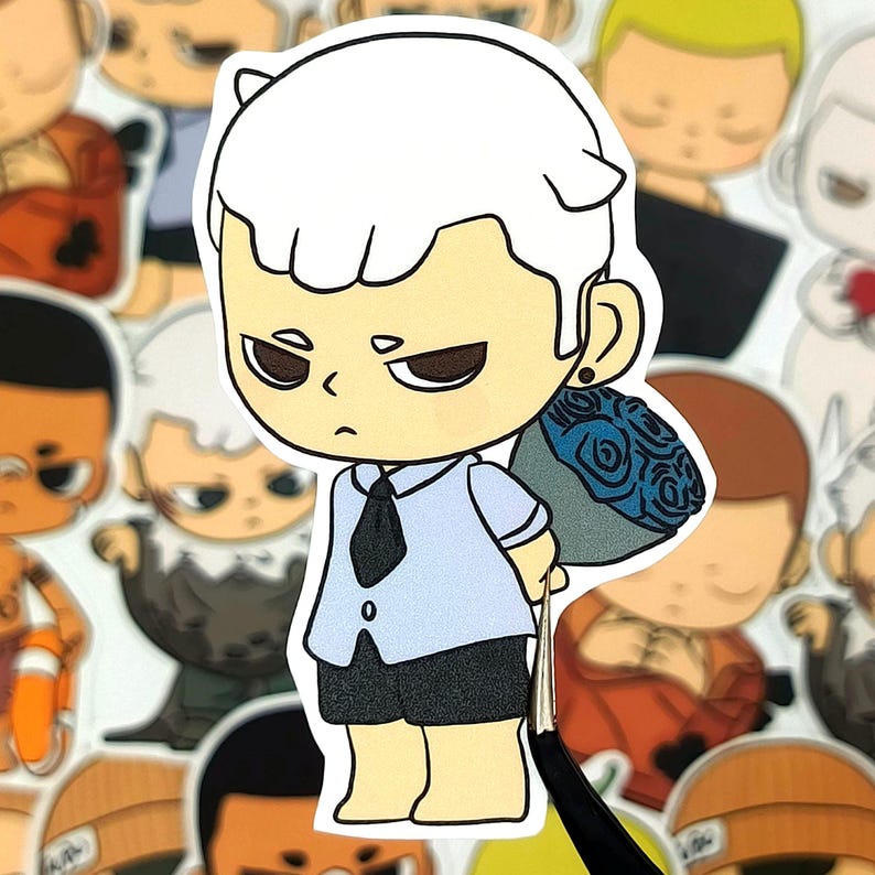 May include: A sticker featuring a cartoon character with white hair, wearing a light blue shirt, black tie, and shorts. The character is holding a bouquet of blue roses. Other similar stickers are in the background.