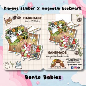May include: A die-cut sticker and a magnetic bookmark featuring bento box illustrations with cartoon characters, colorful food items, and chopsticks. The items are displayed on grid-patterned backing cards with text including Bento Babies.