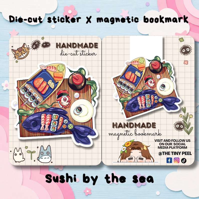May include: A die-cut sticker and a magnetic bookmark featuring a sushi-themed illustration on a grid background. The artwork displays various sushi rolls, sashimi, and a fish-shaped platter. Text includes "HANDMADE" and "@THE TINY PEEL".