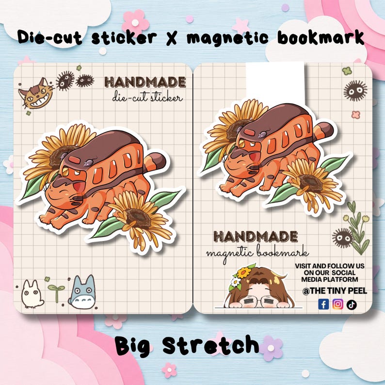 May include: A die-cut sticker and a magnetic bookmark featuring a cat-shaped bus character with orange fur and brown stripes, surrounded by yellow sunflowers and green leaves. The items are displayed on grid-patterned backing cards with text.