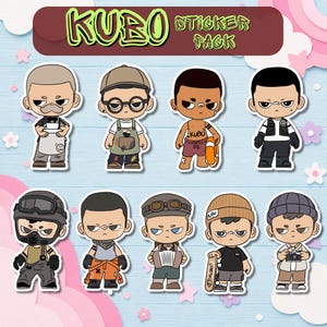 May include: A sticker pack featuring nine cartoon characters with various outfits and accessories. The stickers have a bold, stylized design with a variety of expressions. The text "KUBO STICKER PACK" is at the top in green.