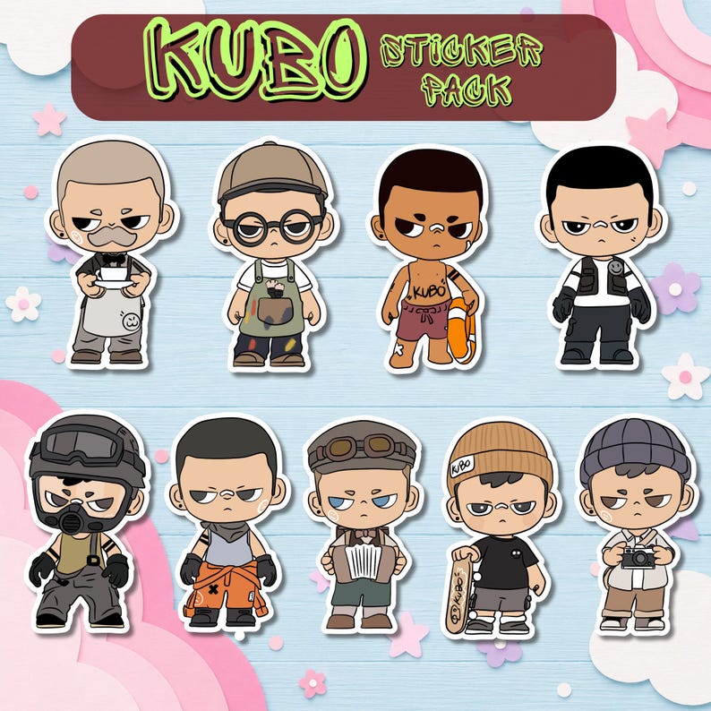 May include: A sticker pack featuring nine cartoon characters with various outfits and accessories. The stickers have a bold, stylized design with a variety of expressions. The text "KUBO STICKER PACK" is at the top in green.