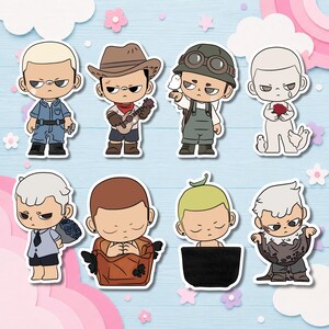 May include: A collection of eight cartoon character stickers. Each sticker features a unique character design with various outfits and accessories, including a cowboy hat, overalls, and a guitar. The characters have a distinct, stylized aesthetic with bold outlines and expressive faces.