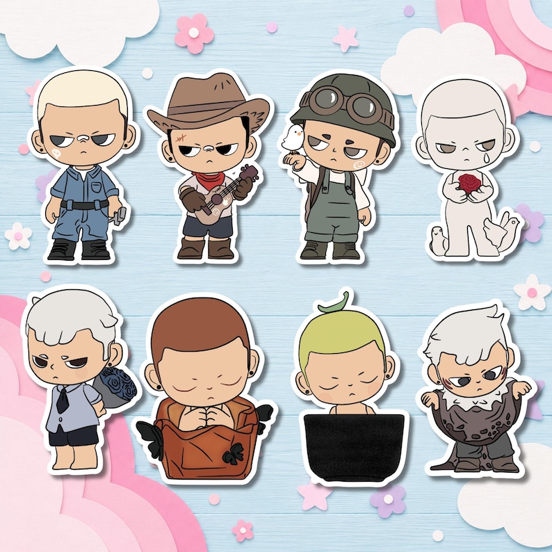 May include: A collection of eight cartoon character stickers. Each sticker features a unique character design with various outfits and accessories, including a cowboy hat, overalls, and a guitar. The characters have a distinct, stylized aesthetic with bold outlines and expressive faces.