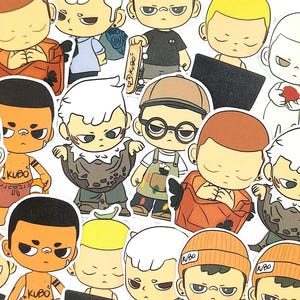 May include: A collection of cartoon stickers featuring stylized characters with various hairstyles and outfits. Some characters hold skateboards with "Kubo" text, while others wear beanies. The stickers have a white border and are on a white background.