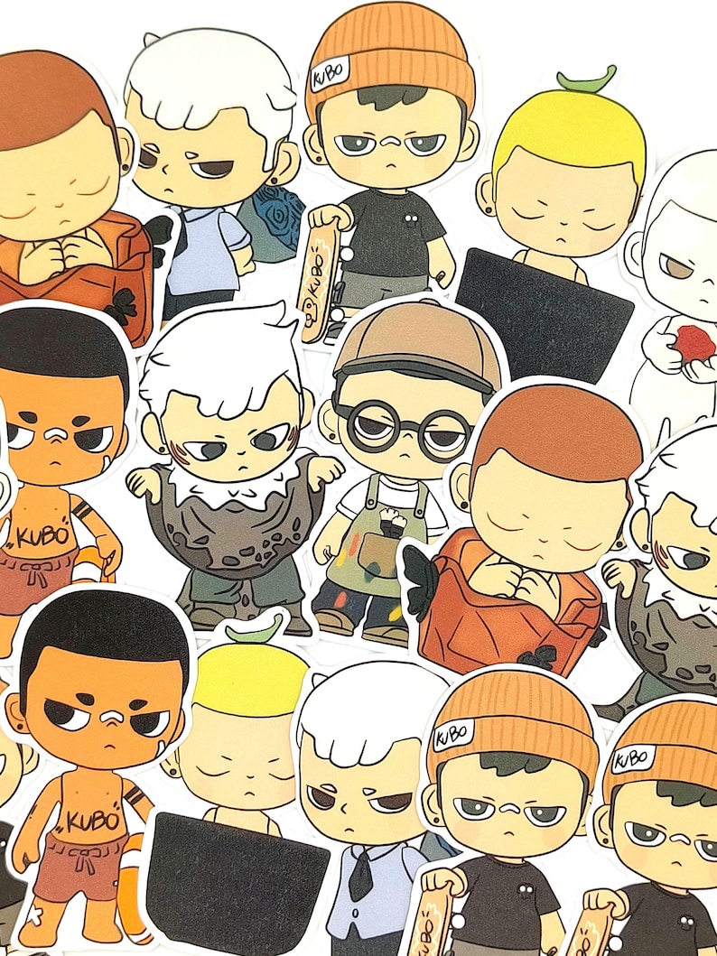 May include: A collection of cartoon stickers featuring stylized characters with various hairstyles and outfits. Some characters hold skateboards with "Kubo" text, while others wear beanies. The stickers have a white border and are on a white background.