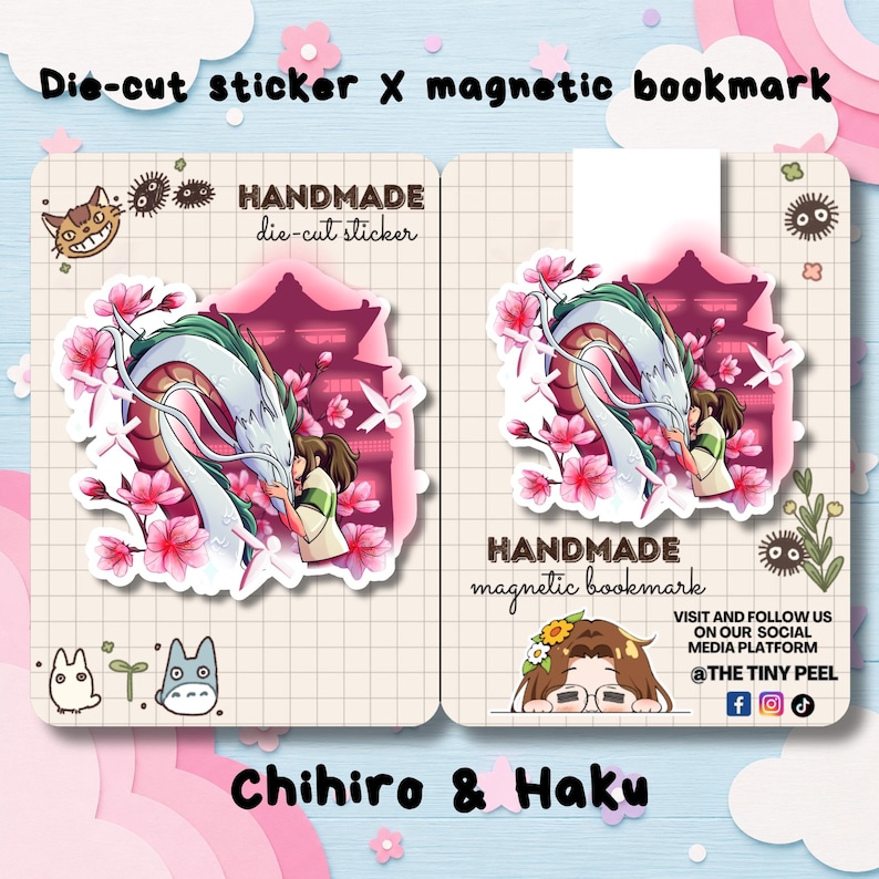 May include: A die-cut sticker and a magnetic bookmark featuring an illustration of Chihiro and Haku from Spirited Away surrounded by pink cherry blossoms and a dark red building. The items are displayed on grid-patterned backing cards.