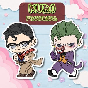 May include: Two cartoon stickers featuring DC Comics characters. One depicts Superman in a suit and glasses, the other the Joker in a purple suit. The stickers have the text "KUBO FREEBIES" at the top.