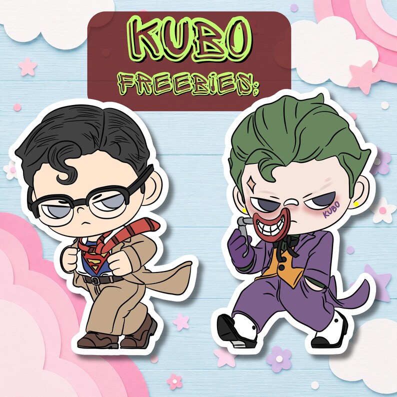 May include: Two cartoon stickers featuring DC Comics characters. One depicts Superman in a suit and glasses, the other the Joker in a purple suit. The stickers have the text "KUBO FREEBIES" at the top.