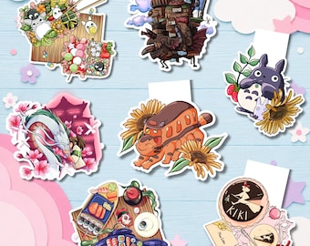 Handritat Studio Ghibli-tema klistermärkespaket och magnetiskt bokmärke