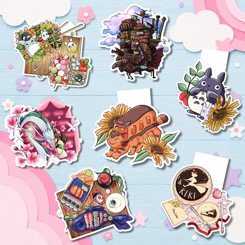 May include: A collection of six illustrated stickers featuring animated characters and food items. Designs include a bento box, a moving castle, a grey creature with sunflowers, a white dragon with cherry blossoms, a cat-shaped bus, and a Kiki-themed set.