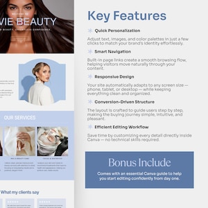 以下が含まれることがあります： Vie Beautyのプロモーション用グラフィック。長い黒髪の女性と「VIE BEAUTY」の文字が特徴です。迅速なパーソナライゼーション、スマートナビゲーション、レスポンシブデザインなどの主要な機能を強調しています。ボーナスCanvaガイドが含まれています。