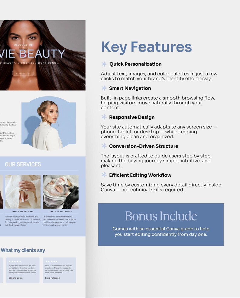 以下が含まれることがあります： Vie Beautyのプロモーション用グラフィック。長い黒髪の女性と「VIE BEAUTY」の文字が特徴です。迅速なパーソナライゼーション、スマートナビゲーション、レスポンシブデザインなどの主要な機能を強調しています。ボーナスCanvaガイドが含まれています。