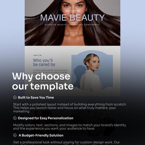 以下が含まれることがあります： 「MAVIE BEAUTY」のテキストと「ELEVATED BEAUTY, EFFORTLESS CONFIDENCE」のスローガンを特徴とするウェブサイトのデザイン。女性の画像と、時間節約、簡単なパーソナライゼーション、予算に優しいなどのテンプレートの利点を強調するテキストセクションが含まれています。