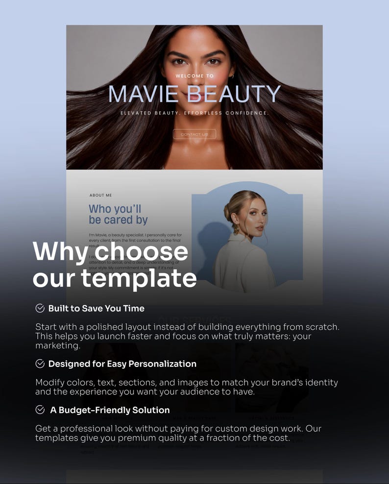 以下が含まれることがあります： 「MAVIE BEAUTY」のテキストと「ELEVATED BEAUTY, EFFORTLESS CONFIDENCE」のスローガンを特徴とするウェブサイトのデザイン。女性の画像と、時間節約、簡単なパーソナライゼーション、予算に優しいなどのテンプレートの利点を強調するテキストセクションが含まれています。
