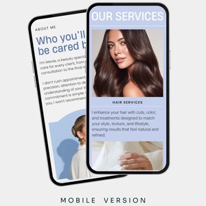 以下が含まれることがあります： 美容サービスの広告を表示する2台のスマートフォン。1つの画面には、女性の写真とヘアサービスに関するテキストが表示された「OUR SERVICES」が表示されています。もう一方の画面には、パーソナライズされたケアに関するテキストが表示された「ABOUT ME」と表示されています。「MOBILE VERSION」という言葉が一番下にあります。