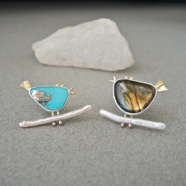 Bird Brooches, Morenci Turquoise, Labradorite, Stick Pearls, Special Order for SARAH