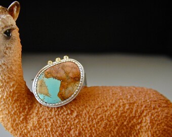 Turquoise Ring, Nevada Bouder Turquoise, Sterling Silver, 18kt Gold, Petite