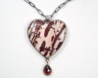 Red Falcon Jasper Heart necklace with Garnet Drop, Sterling and 14kt