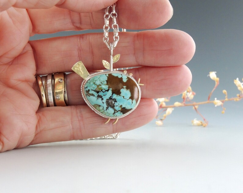 Handcrafted Sterling Silver,14kt Gold,18kt Gold Boulder Turquoise Bird Pendant