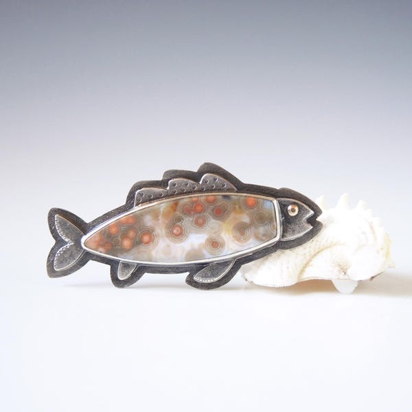Ocean Jasper Fish Brooch in Sterling Silver with 14kt Gold