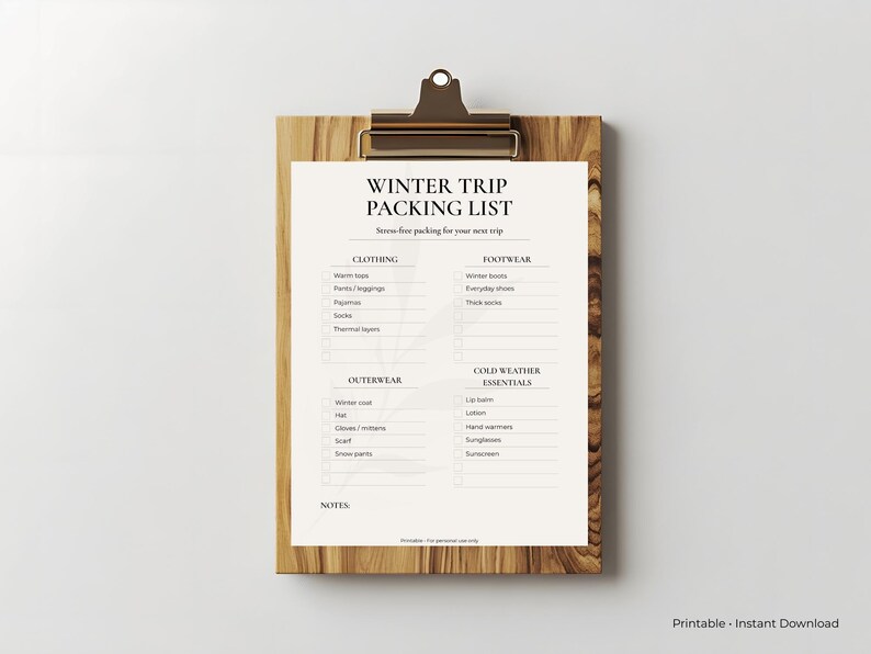 Winter Travel Packing List Printable | Cold Weather Packing Checklist ...